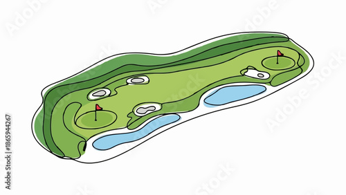 Stylized aerial view of a golf course with greens, sand traps, and water features