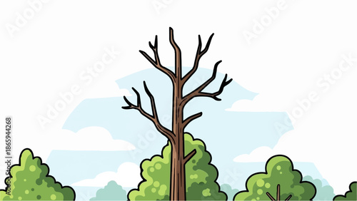 Stylized depiction of a bare tree and lush foliage against a cloudy sky