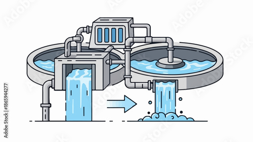 Water treatment system with industrial tanks and flowing water