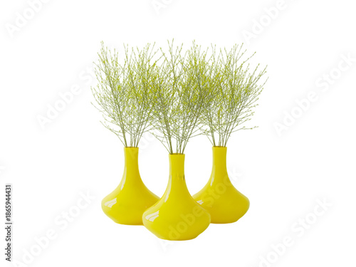 Easter sunday decor with yellow vases and grass on isolated on transparent background