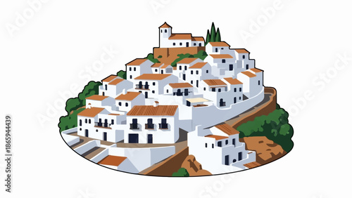 White village houses nestled on a green hillside with terracotta roofs