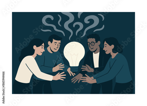 Collaborative Brainstorming Session. Brainstorm huddle. Teammates circling a glowing idea bulb; swirling thought shapes drifting upward. Hands reaching in with