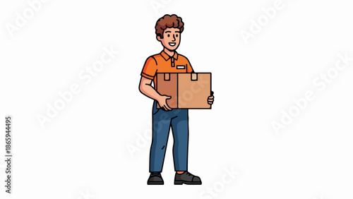 Smiling cartoon man in orange shirt and blue pants holds two cardboard boxes