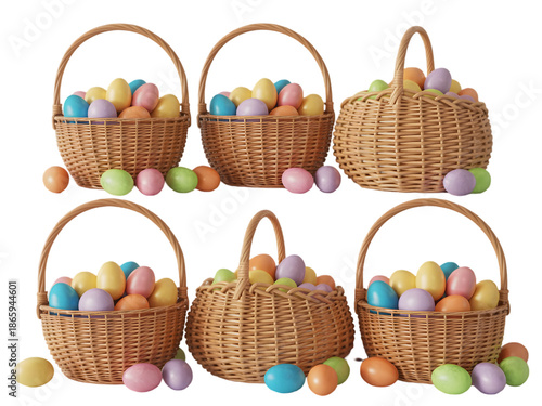 Easter sunday celebration with six woven baskets full of colorful eggs isolated on transparent background