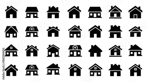 house exterior black vector icon set