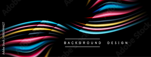 Abstract colorful waves over black background. Modern design elements create dynamic visual effect. Simple text labels bottom center.