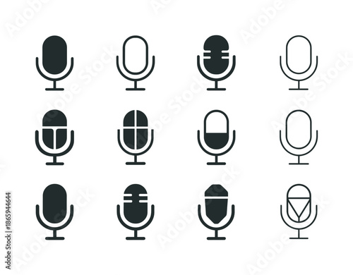 Diverse Microphone Logos. song. Icon set. Set Logo of song: microphone symbol. harmonious logo variations of the same emblematic concept, each with different