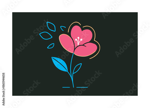 Blossoming Modern Illustration. Gentle blossoming. A stem lifts a bright bloom; soft geometric petals hover mid-air. Warm highlights trace its silhouette.