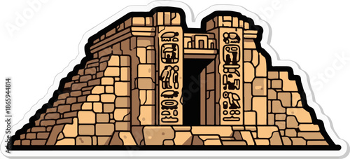 Stylized ancient stone structure with hieroglyphs, a dark entrance, and stepped pyramid base