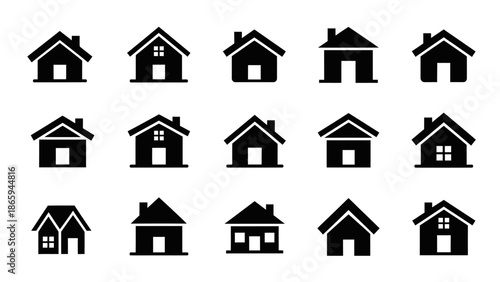house exterior black vector icon set