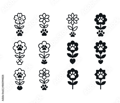 Pet Loss Icons. Grieving the loss of a pet. Icon set. Set Logo of grieving the loss of a pet: Flower tribute. harmonious logo variations of the same emblematic
