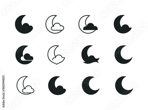 Crescent Moon Icons. Heavens. Icon set. Set Logo of Heavens: crescent moon. harmonious logo variations of the same emblematic concept, each with different