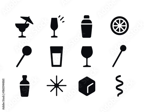Black Party Drink Icons. Party drink icons. Solid icon set of Party drink icons: umbrella cocktail, sparkling glass, drink shaker, fruit garnish, cocktail
