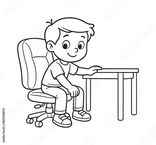 Child Adjusting Chair. Comfortable chair children?s coloring book illustration, outlined drawing, cartoon child adjusting a cushioned chair to sit properly at