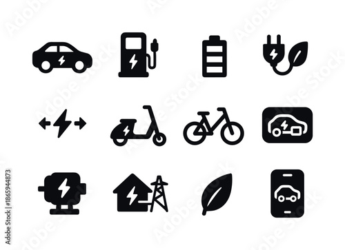 Electric Vehicle Icons. Electric vehicles. Solid icon set of electric vehicles: electric car, charging station, battery icon, EV plug, power flow symbol,