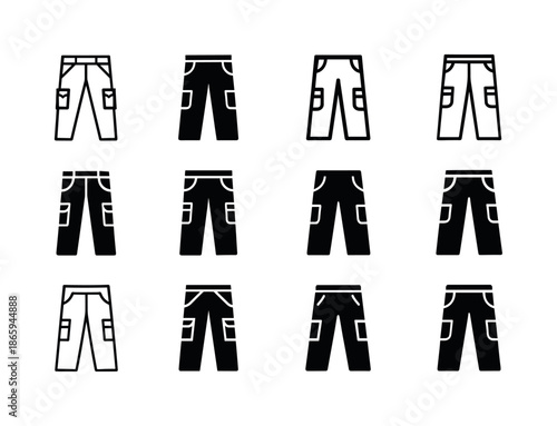 Pants Logo Variations. Pants. Icon set. Set Logo of pants: cargo pants with pockets. harmonious logo variations of the same emblematic concept, each with