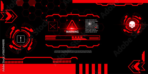 Futuristic alert warning sign of system virus attack with set of  red HUD interface 