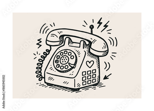 Vintage Phone Doodle. Old Phone. Hand-drawn doodle illustration Old Phone rotary dial, coiled cord, handset, ringing lines, number pad, sound waves, receiver,