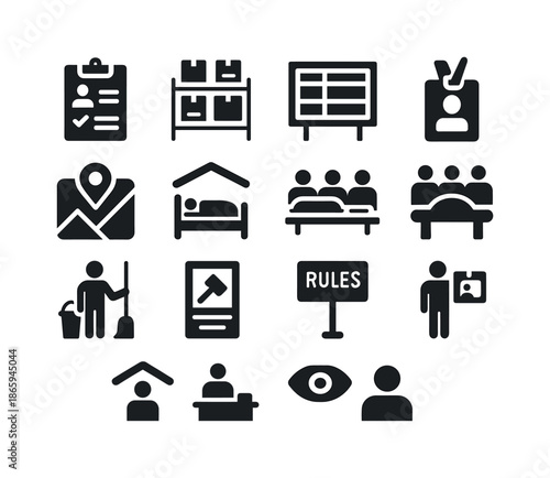 Shelter Management Icons. Shelter management. Solid icon set of shelter management: registration form, supply inventory, schedule board, staff badge, shelter