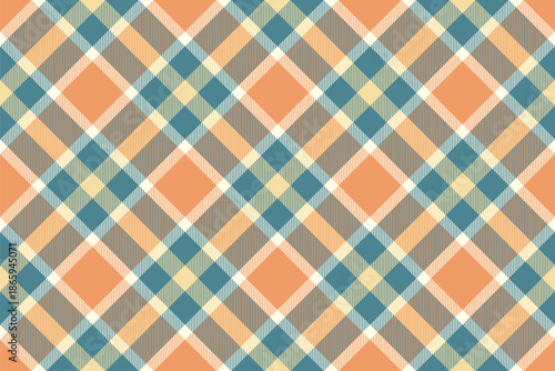 Layout tartan textile texture, bedroom vector plaid check. Template pattern fabric seamless background in cyan and orange colors.