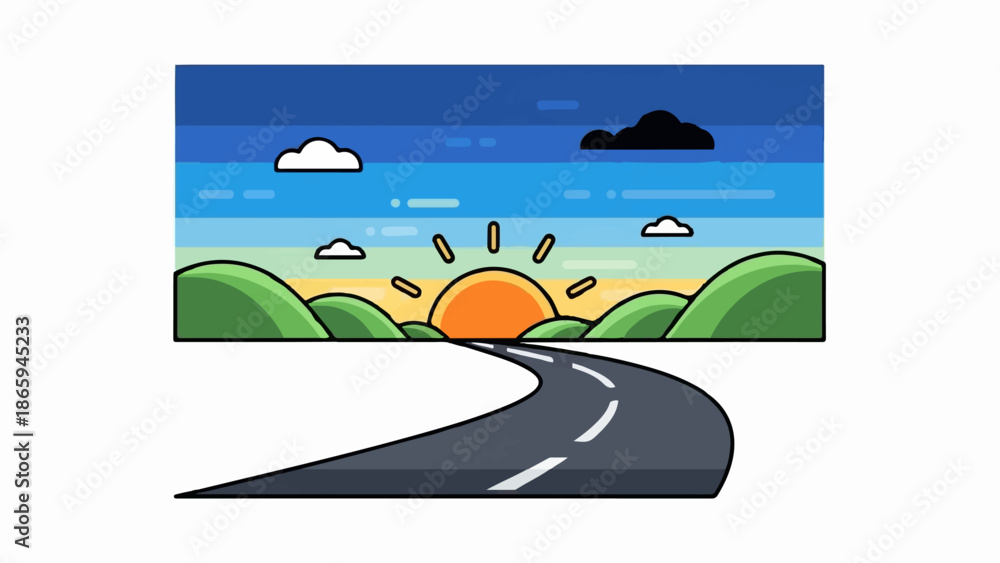 Fototapeta premium Winding road leads towards a colorful sunrise over rolling green hills and a blue sky