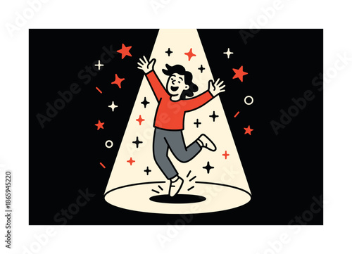 Joyful Spotlight Leap. Spotlight celebration. A joyful leap lands directly in the light?s center; floating stars and shapes flicker around. The scene feels