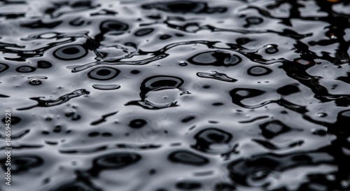 <Deep black viscous liquid surface with subtle ripples and reflections creating an undulating oily fluid background suitable for industrial, environmental, or energy-related concepts.>