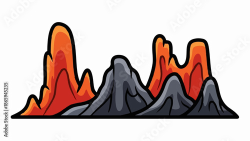 Stylized volcanic landscape with fiery peaks and rocky formations