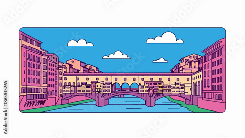 Stylized depiction of a historic bridge with arched structures spanning a blue river, under a sky with clouds