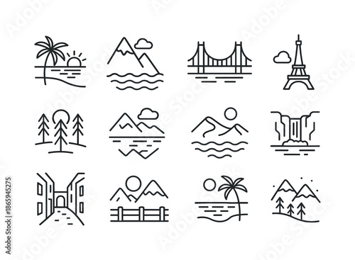 Travel Icon Set. Travel backdrops. Line icon set of Travel backdrops: beach sunset, mountain peak, city bridge, iconic tower, forest clearing, lake reflection,