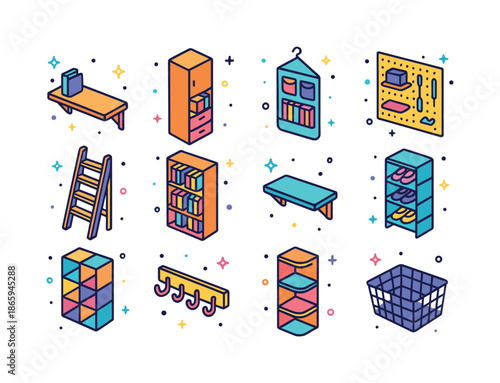 Colorful Vertical Storage Icons. Vertical storage solutions. Colorful isometric vector icons set of vertical storage solutions: wall shelf, tall cabinet,