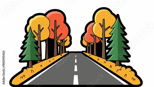 Stylized asphalt road lined with autumn trees and evergreen firs under a white background