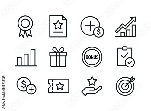 Incentive Payment Icons. Incentive Payments. Line icon set of Incentive Payments: incentive badge, reward document, bonus coin, performance arrow, chart