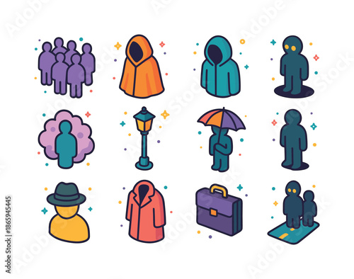 Crowd Silhouettes Icons. Crowd Silhouettes. Colorful isometric vector icons set of Crowd Silhouettes: people, cloaked figure, hooded person, shadow, fog,