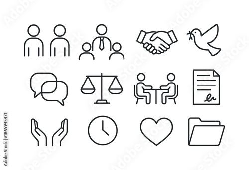Mediation Icon Set. Mediation. Line icon set of Mediation: two people, mediator, handshake, peace dove, speech bubbles, balance scale, table, agreement paper,