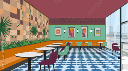 Watercolor illustration of a retro modern restaurant interior with checkered floor, mint green walls, burgundy ceiling, and midcentury furniture.