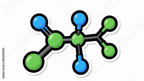 Stylized illustration of a molecular structure with green and blue spheres