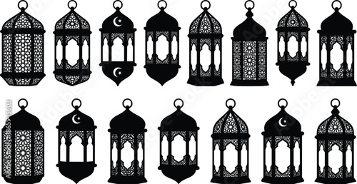 Islamic lantern silhouette set, traditional Ramadan and Eid decoration, crescent moon and star motifs, flat vector illustration