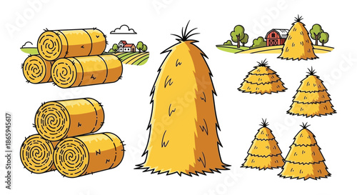 A collection of golden hay bales and sheaves of wheat in a drawing