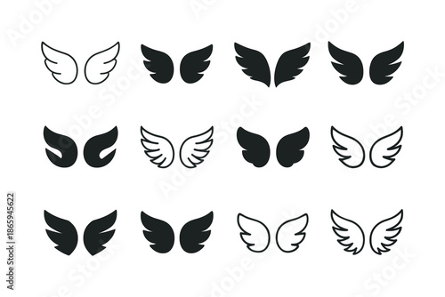 Varied Angel Wing Icons. Religious. Icon set. Set Logo of Religious: angel wings. harmonious logo variations of the same emblematic concept, each