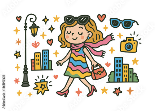 Chic Street Style. Street Style Moment. Colorful Hand-drawn doodle Children illustration chic dress, purse, high heels, city lamp post, buildings, hearts,