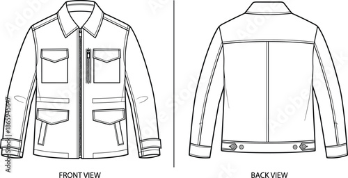 Jacket technical sketch, front and back view, zipper, pockets, collar, seam details, fashion design, flat vector illustration
