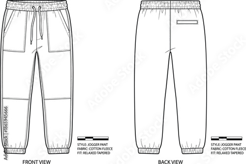 Jogger pant technical sketch, front and back view, fashion flat drawing, cotton fleece, relaxed tapered fit, apparel design template, flat vector illustration