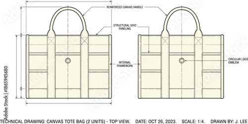 Flat vector illustration, technical tote bag sketch, top view design, canvas handle, fashion template, product specification, structured blueprint