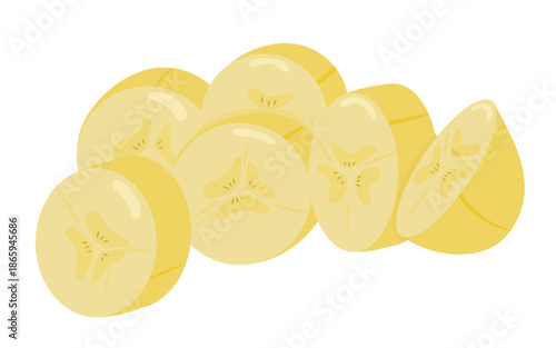 Minimalist vector graphic of a sliced banana. Flat design style with soft colors. Ideal for recipe, grocery store icons, kitchen decor prints, or simple educational material