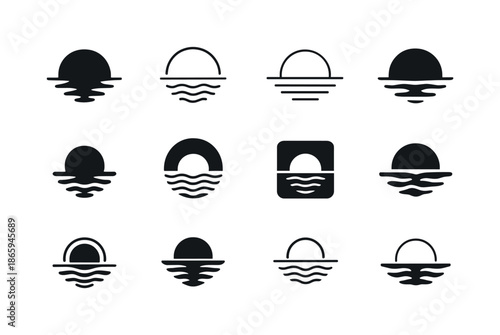 Serenity Logo Variations. calm water reflecting a peaceful sky, symbolizing spiritual serenity. Icon set. Set Logo of calm water reflecting a peaceful sky,