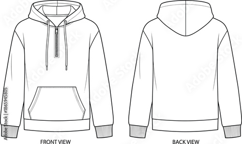Hooded sweatshirt technical sketch, front and back view, kangaroo pocket, drawstring hood, fashion design, flat vector illustration