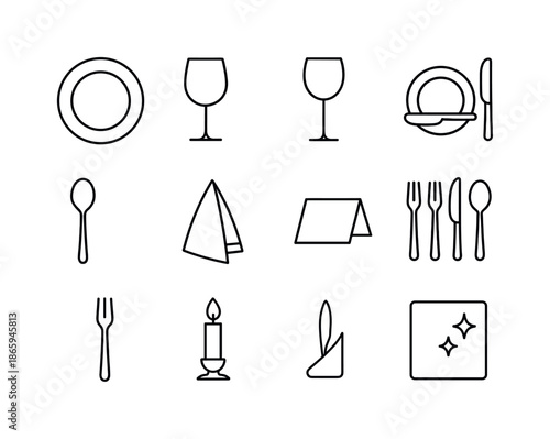 Formal Dinner Icons. Formal dinner setting. Line icon set of Formal dinner setting: charger plate, water goblet, wine glass, bread plate, butter knife, soup