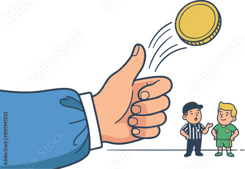 Hand flipping a coin for a toss decision before a soccer match, featuring a referee and player in the background, vector illustration.