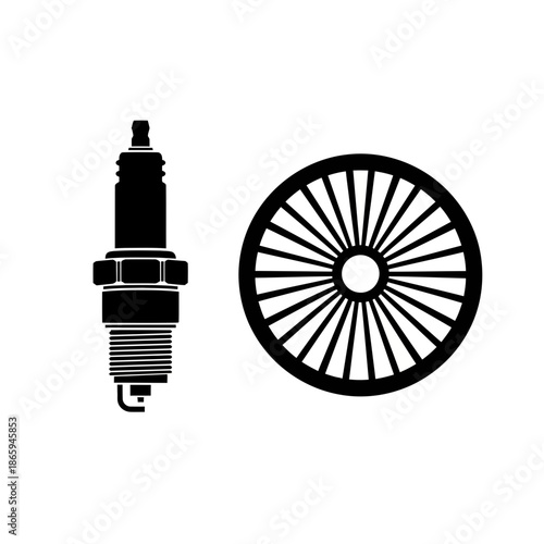 Black silhouettes of a spark plug and a wheel with rays